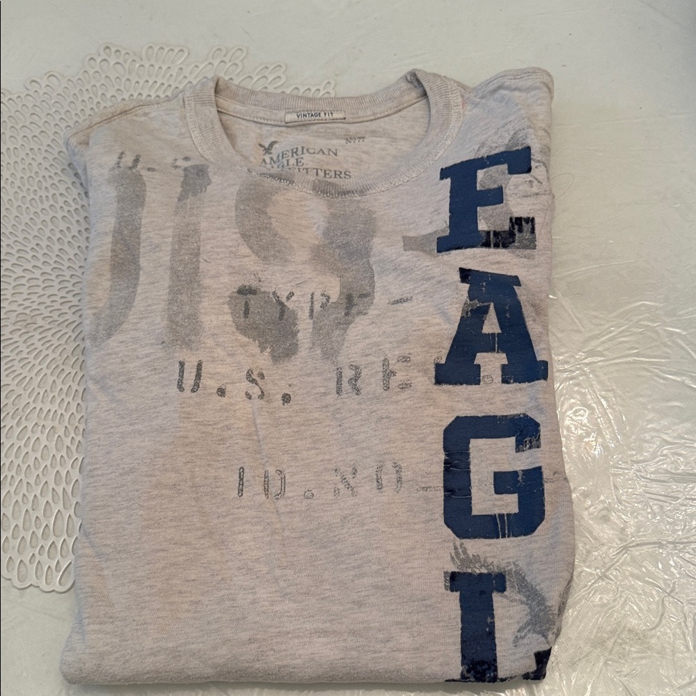 American Eagle Gray Graphic T-Shirt with Blue Lettering